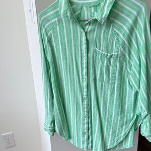 Aerie oversized Green and White Striped Button-Up Shirt